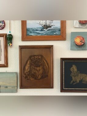 Vintage Wood-Burned Pekingese Wall Art Panel